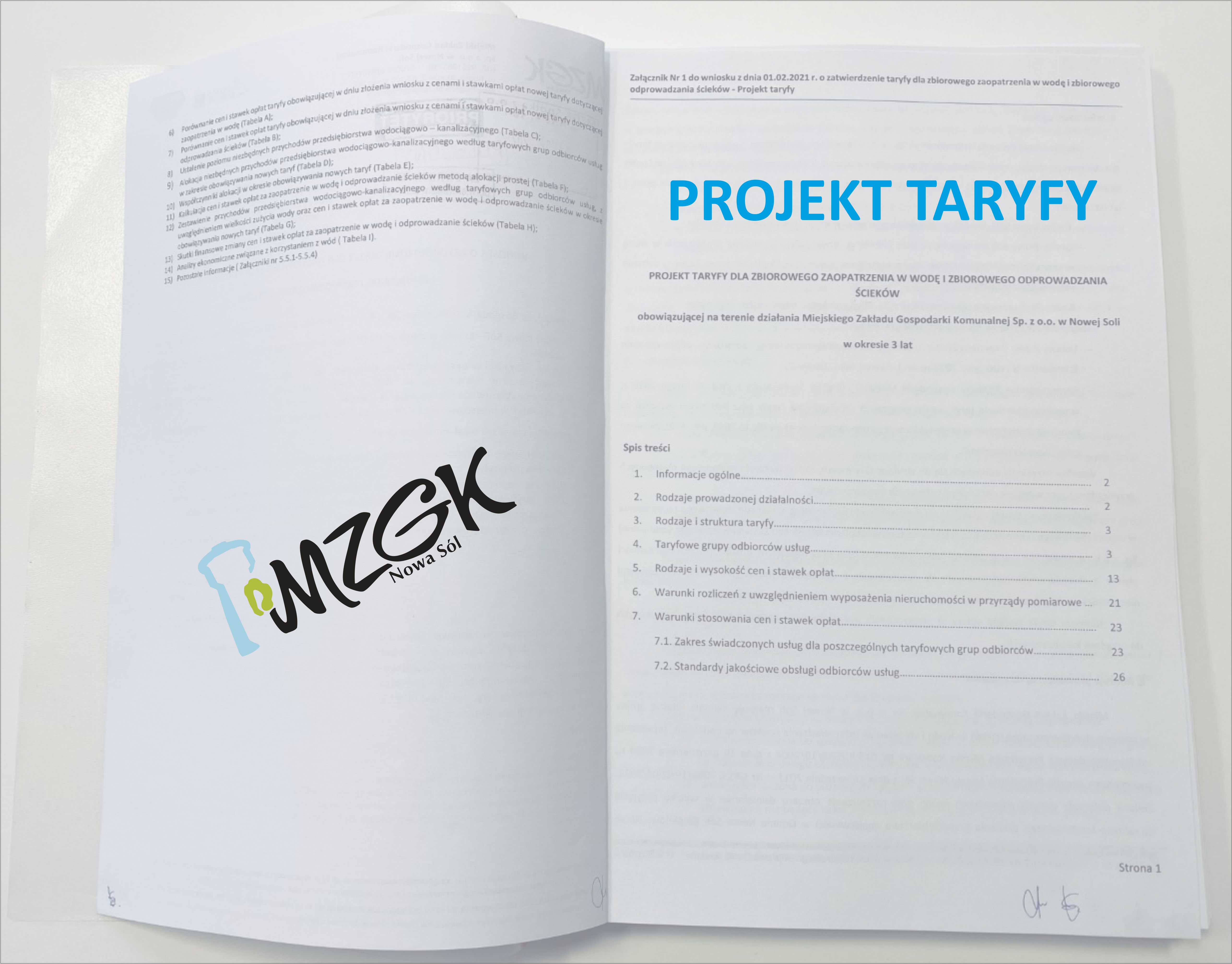 zdjęcie przedstawiające pierwsze strony projektu taryf