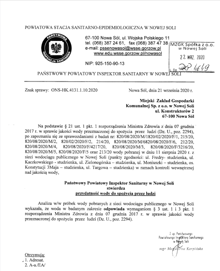 Decyzja Sanepidu o przydatności wody do spożycia